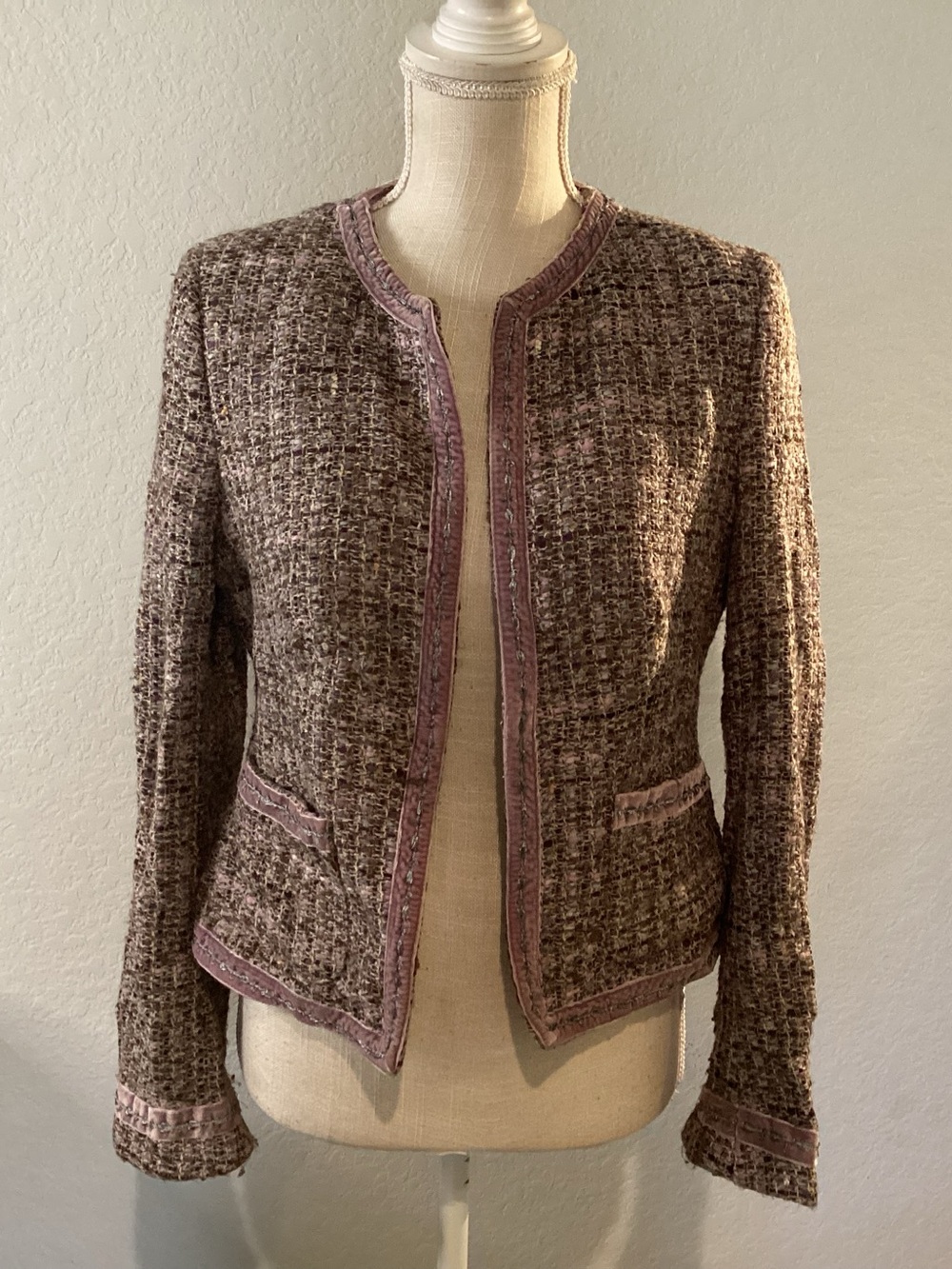 Women’s Brown Tweed Collarless Jacket with Pink Trim